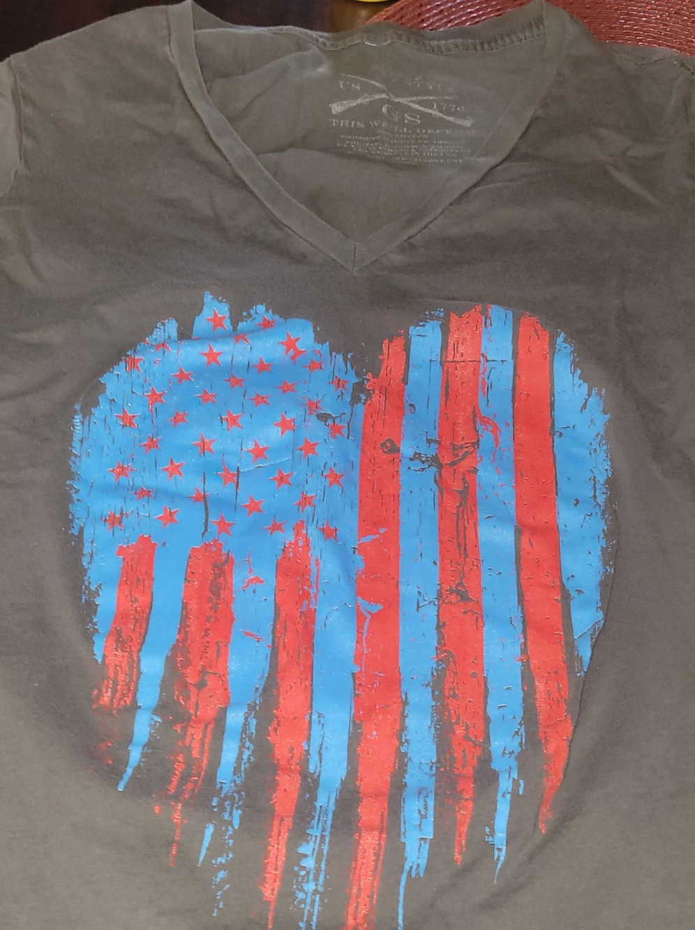 Womans GRUNT V-Neck Heart Flag Graphic Tee - Black, Blue & Red